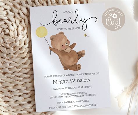 Teddy Bear Baby shower Invitation Bearly Wait Invites Bear | Etsy