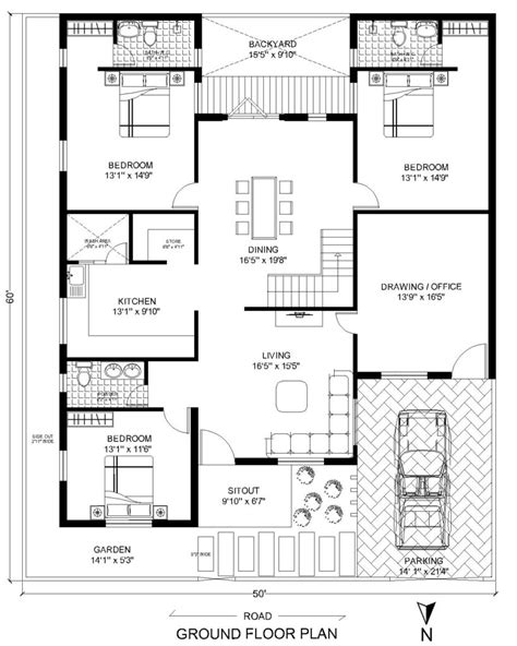 50 x 60 House Plan | 3000 Sq. Ft. House Design | 3BHK House With Car ...