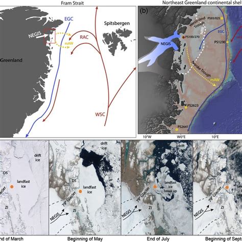 (a) Overview map of the Fram Strait, showing the main ocean currents:... | Download Scientific ...