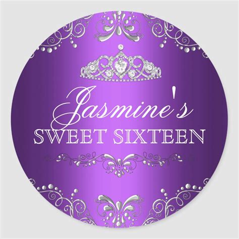Purple Silver Damask & Tiara Sweet 16 Sticker | Zazzle | Sweet sixteen invitations, Sweet ...