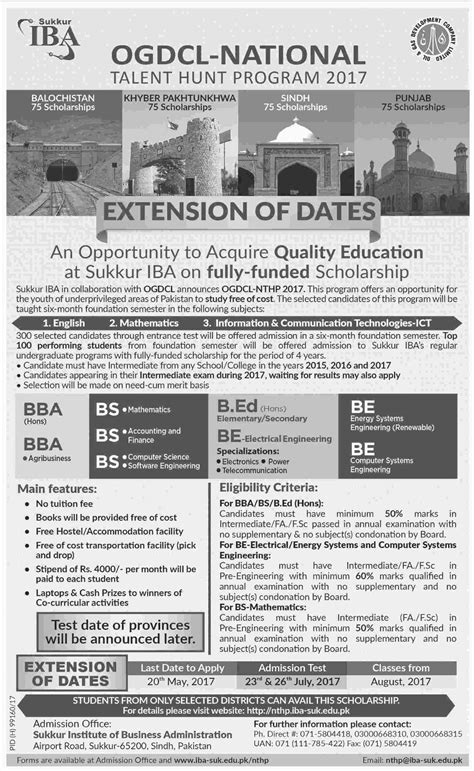 IBA Sukkur Admission 2023 by OGDCL National Talent Hunt Program Entry Test Last Date and ...