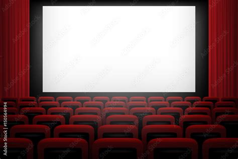 Movie theatre background with white screen red curtains and chairs ...