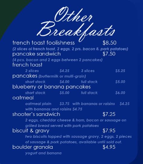 The Park Cafe menu - other breakfasts - SLC menu