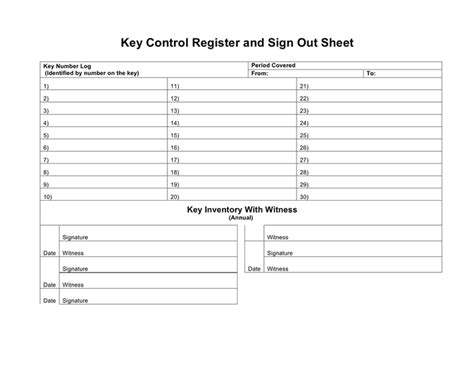 Key control register and sign out sheet in Word and Pdf formats