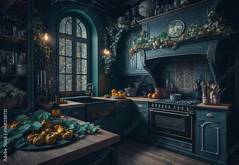 Editorial photography of kitchen interior in the style of Gothic,illustration,created with ...