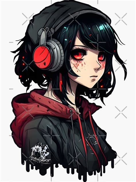 "Anime Girl in Hoodie and Headphones - Red / Black Aesthetic" Sticker for Sale by Nymmzi | Redbubble