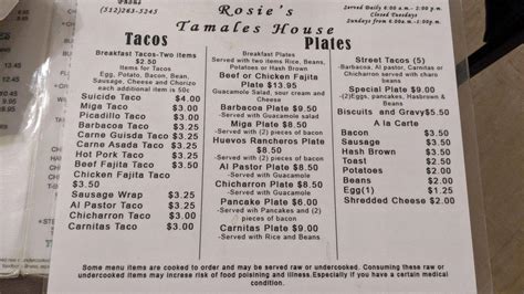 Menu at Rosie's Tamale House restaurant, Bee Cave, State Hwy 71