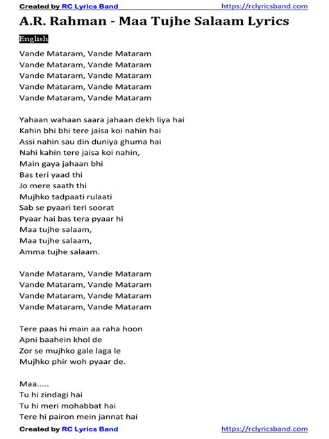 A.R. Rahman - Maa Tujhe Salaam Lyrics 1-Merged | PDF