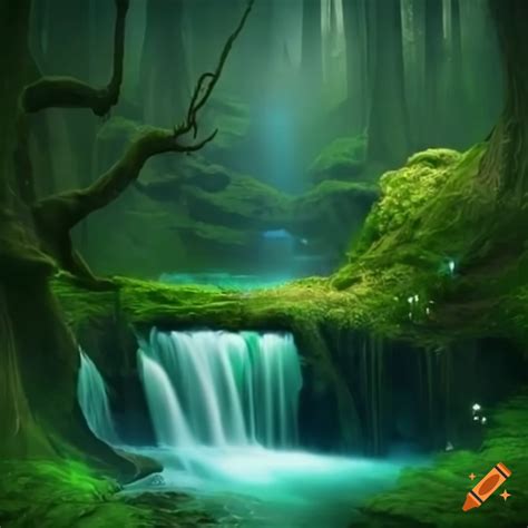 A magical forest with waterfalls and rivers
