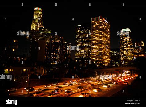 Downtown Los Angeles at night time light up. California Stock Photo - Alamy