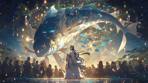 Premium AI Image | anime girl holding a fish in front of a crowd of people generative ai