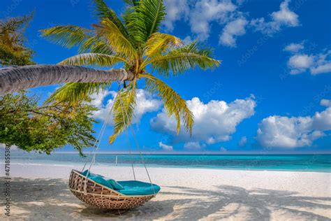 Tropical beach background as summer relax landscape with beach swing or ...