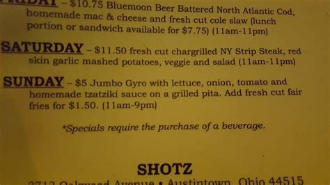 Menu at Shotz Bar & Grille, Austintown