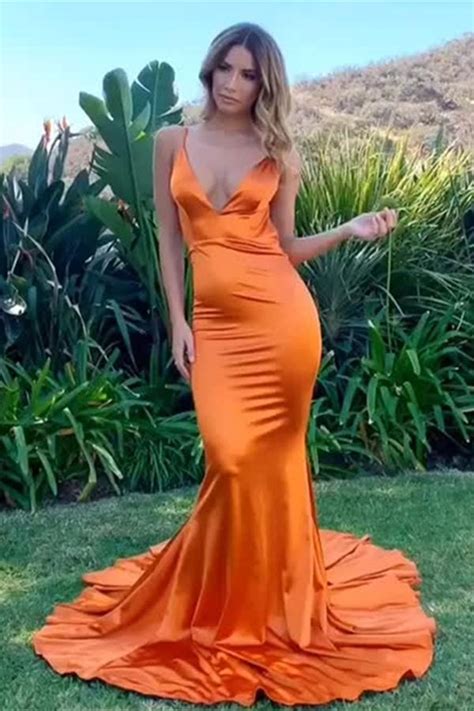 Deep V Neck Mermaid Backless Orange Long Prom Dress, Mermaid Backless ...