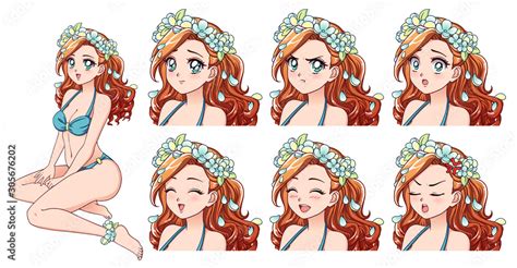 Set of anime expressions. Hand drawn cute girl with curly red hair ...