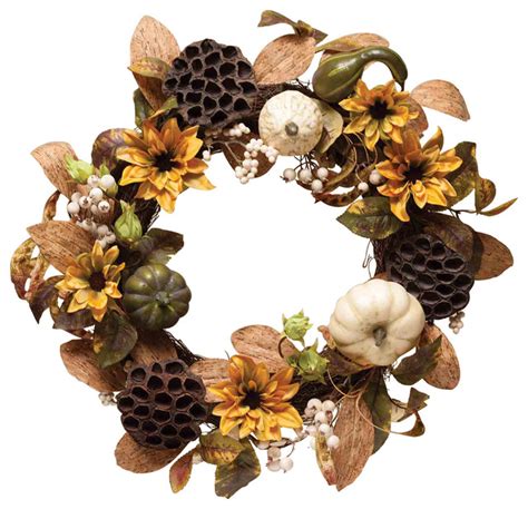 Decorative Wreath With Faux Gourds, Berries, and Dried Lotus Seed Pods - Contemporary ...