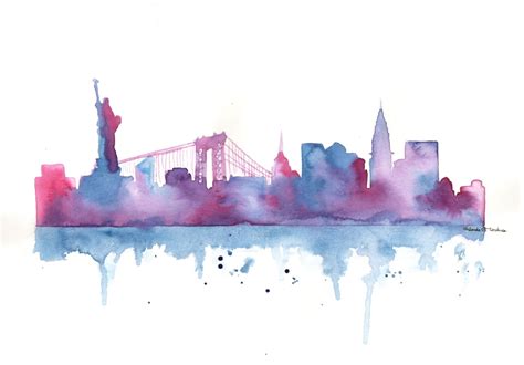 Original Watercolor Painting New York City Skyline