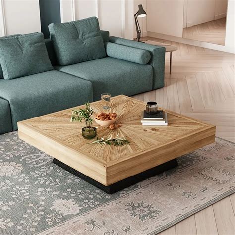Modern Square Coffee Table with Wooden Top Black & Natural