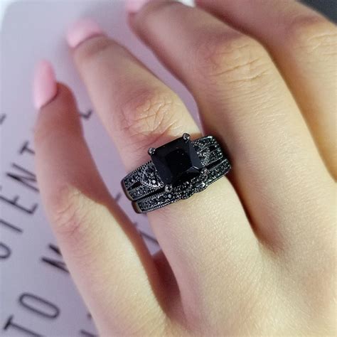 Black color titanium Wedding Rings set bridal Classic Engagement Band Ring For Women luxury ...