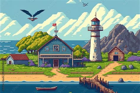 Pixel Art Landscape Farm On The Coast With House, Barn, Silo And Mill 8Bit Game Background Stock ...