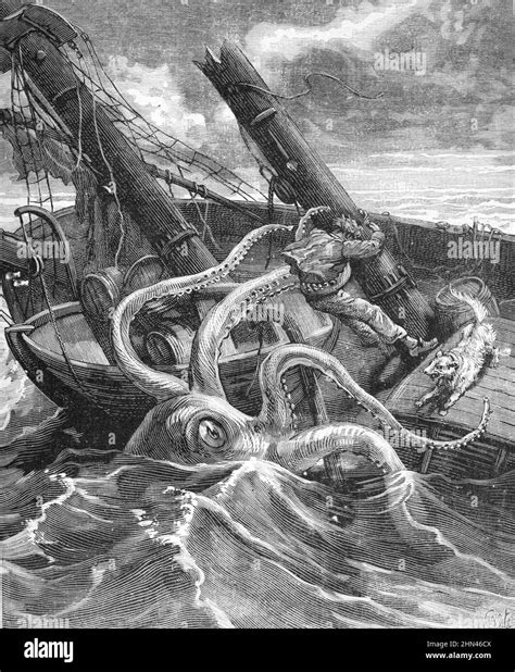 Giant Squid or Octopus Attacking Sailing Boat in the Atlantic Ocean ...