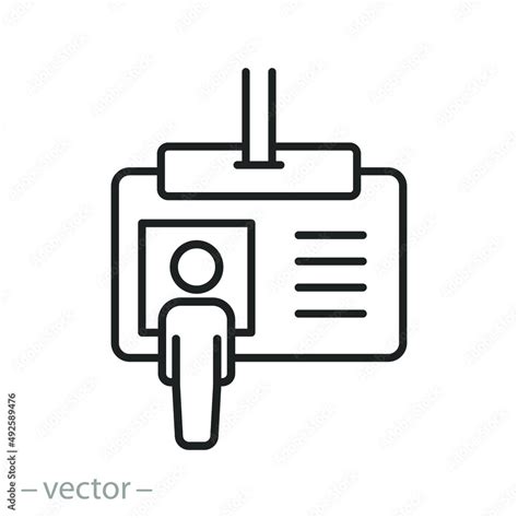 badge id card icon, person profile, employee identity, plastic document on lanyard, thin line ...