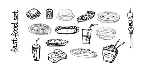 Fast Food Set Cartoon Illustration Black Vector, Cartoon, Illustration, Black PNG and Vector ...