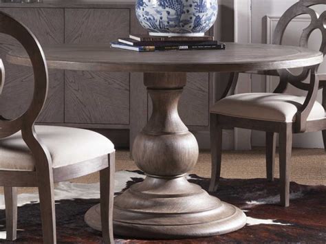 Pedestal Farmhouse Dining Table with Grey Brown Finish and Round Tabletop | Interior Design Ideas