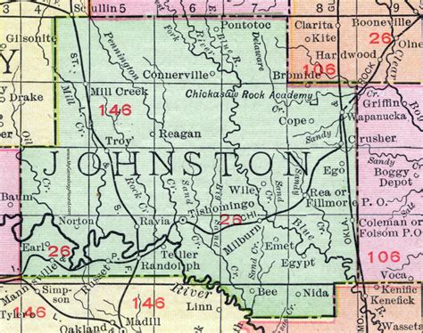 Johnston County, Oklahoma 1911 Map, Rand McNally, Tishomingo, Wapanucka, Ravia