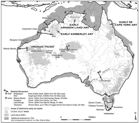 Map of Sahul showing the areas in which Pleistocene art is found. As ...