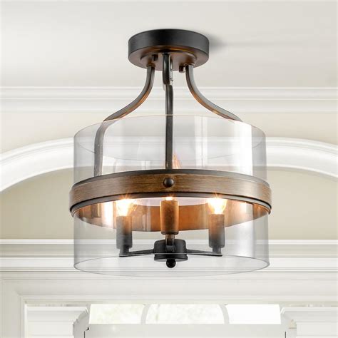 LNC Miya 3-Light Black Modern Transitional Semi Flush Mount Ceiling Light with Faux Wood Accents ...