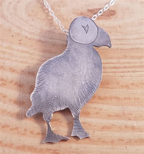 Sterling Silver Etched Puffin Necklace