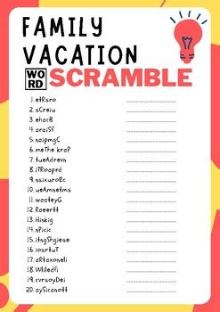 Family Vacation No Prep Word Scramble Puzzle Worksheet Activity, Morning Work