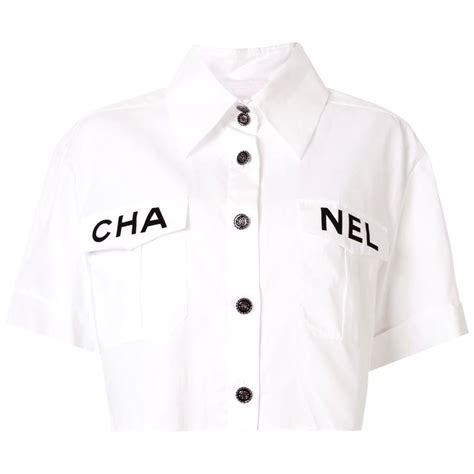 Chanel Runway White Cotton Black 'CHANEL' Short Sleeve Button Collar Shirt at 1stDibs | chanel ...