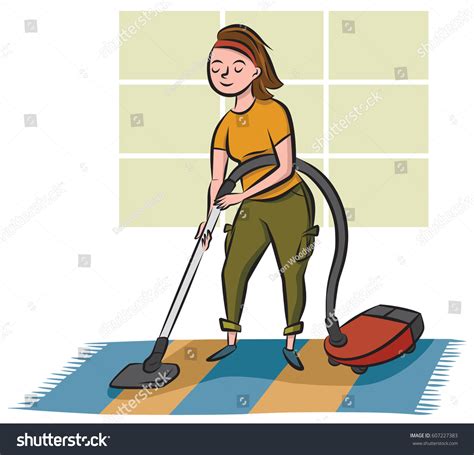 Woman Vacuums Rug Vacuum Cleaner Stock Vector (Royalty Free) 607227383 ...