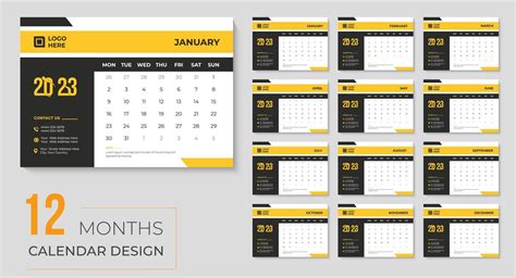 Happy new year 2023 desk calendar design, monthly and yearly yellow event printable calendars ...