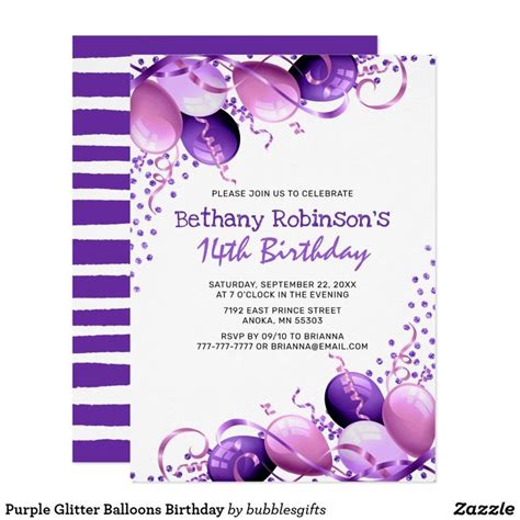 Purple Glitter Balloons Birthday Invitation | Zazzle | Purple birthday invitations, Birthday ...