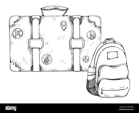 Ink hand drawn vector sketch. Illustration with set of retro vintage old suitcases with stickers ...