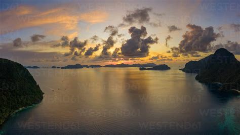 Aerial view of El Nido at sunset, the Philippines. stock photo