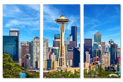 Seattle Skyline Canvas Print Wall Art blue skies 3 Panel Split Seattle ...