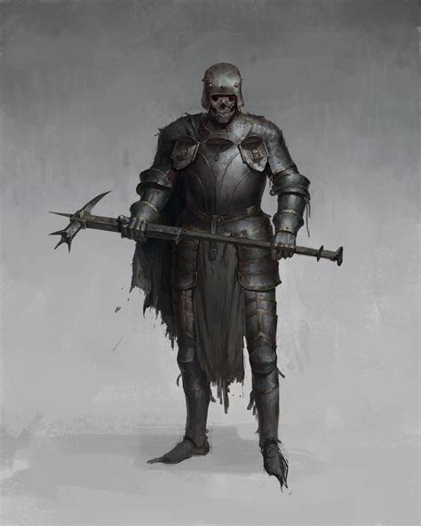 a drawing of a knight with two swords in his hands and a skull on his chest