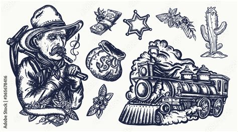 Wild West. Old school tattoo vector collection. Digger, steam train ...