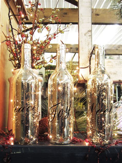 Mercury Glass Bottles with lights in front of a window! Beautiful ...