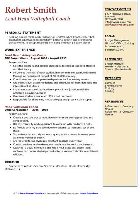 Head Volleyball Coach Resume Samples | QwikResume