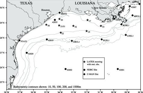 Map of the northwest Gulf of Mexico showing the TLS. Wind observations ...