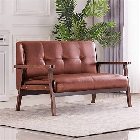 Amazon.com: Mid-Century Retro Modern Loveseat Faux Leather Upholstered Wooden 2-Seater Sofa ...