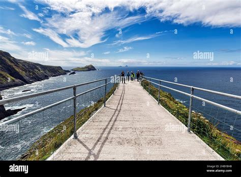 Hiking trail with railing on cliff, Skellig Islands on the horizon, Kerry Cliffs, Skellig Ring ...