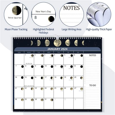 Calendario de pared 2024 Calendario de fase lunar 2024, calendario lunar mensual de 12 14 x 12 ...