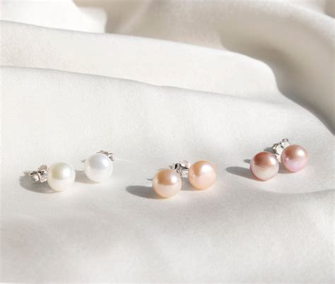 Vintage Pearl Stud Earrings, White Pearl Earrings, Pink Pearl Jewelry, 8mm Champagne Pearl ...