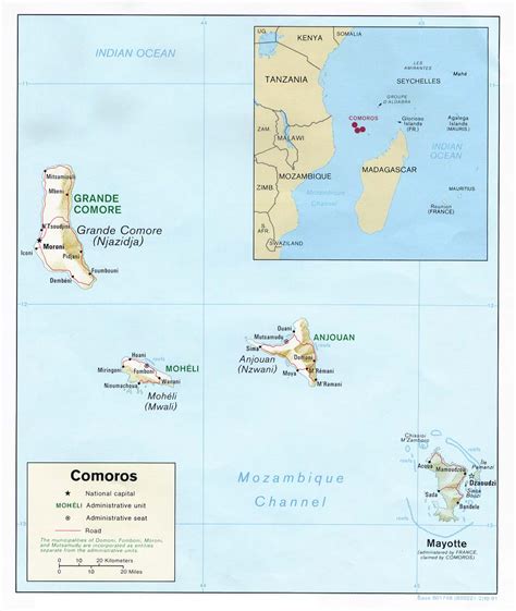 Mapa físico y político de Comoras (1991) - Mapas Milhaud